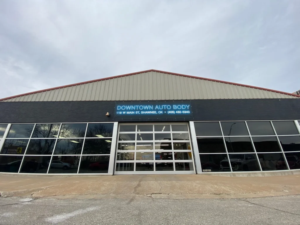 Downtown Auto Body shop front on Main Street in Shawnee, OK